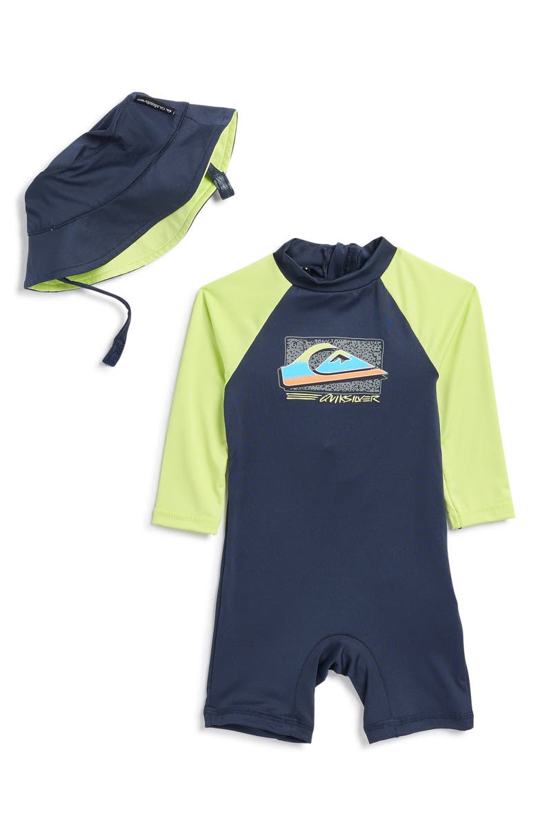 Quiksilver Long Sleeve One-Piece Rashguard Swimsuit & Sun Hat Set, Main, color, 