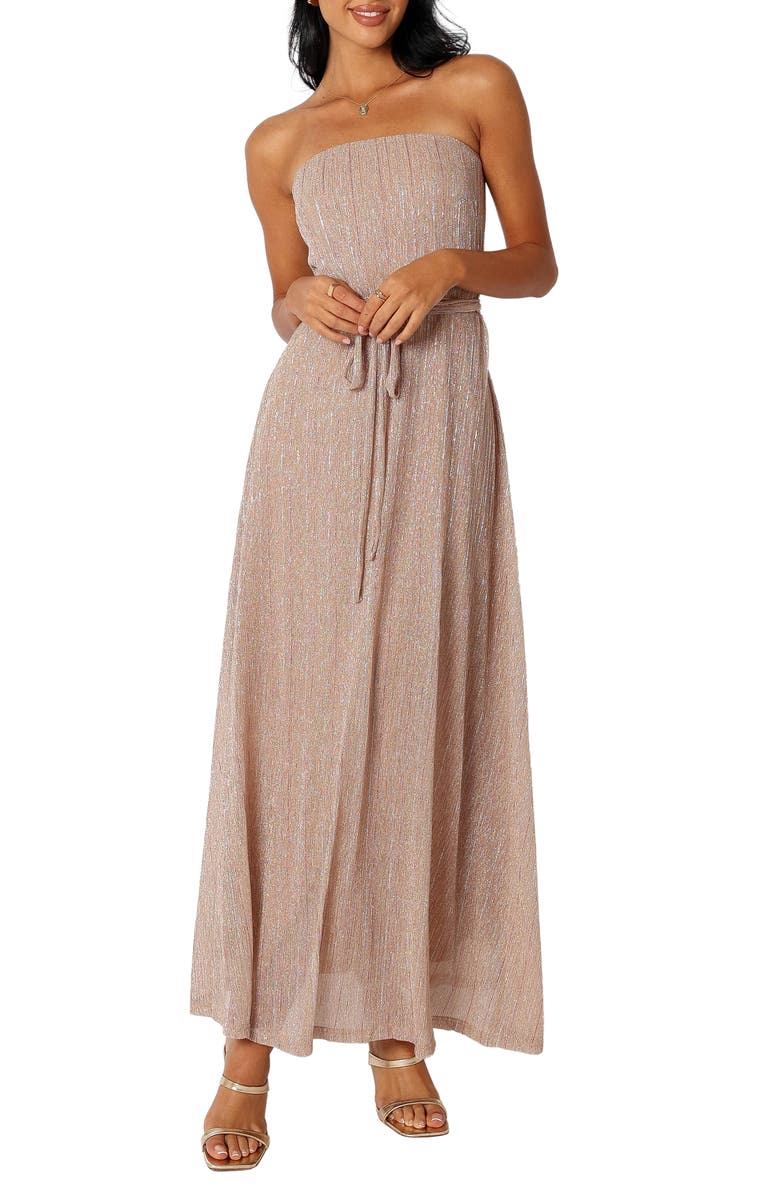 Petal & Pup Farley Strapless Metallic Maxi Dress, Main, color, Rose Gold Stripe