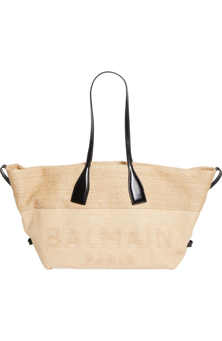 Balmain Track Raffia & Jacquard Tote, Main, color,