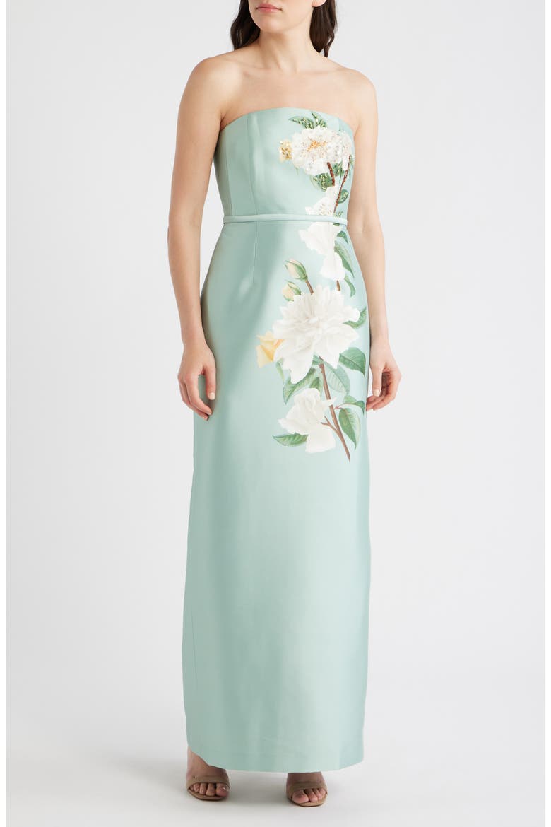 Sophia Floral Bead Embellished Mikado Strapless Gown, Main, color, CELADON FLORAL