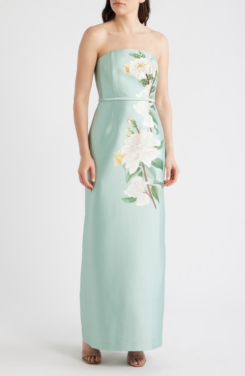 Sachin & Babi Sophia Floral Bead Embellished Mikado Strapless Gown, Main, color, Celadon Floral