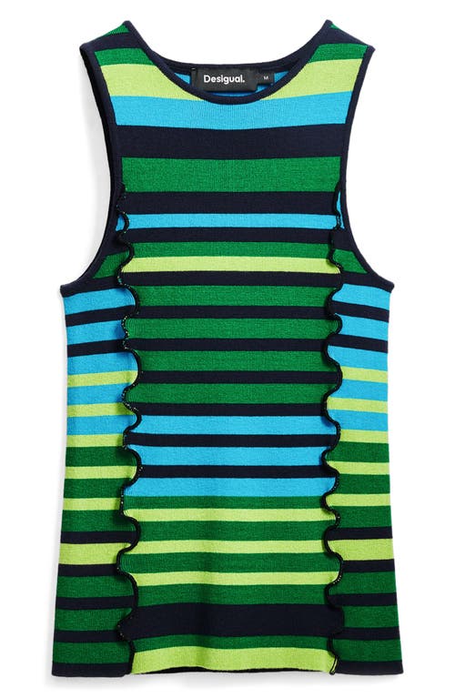 Desigual Striped T-shirt With Trim In Bluish Green