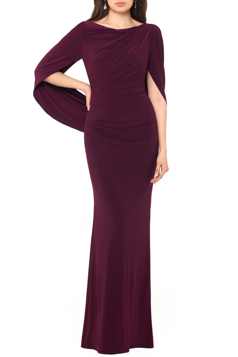 Cape Long Sleeve Trumpet Gown, Main, color, WINE