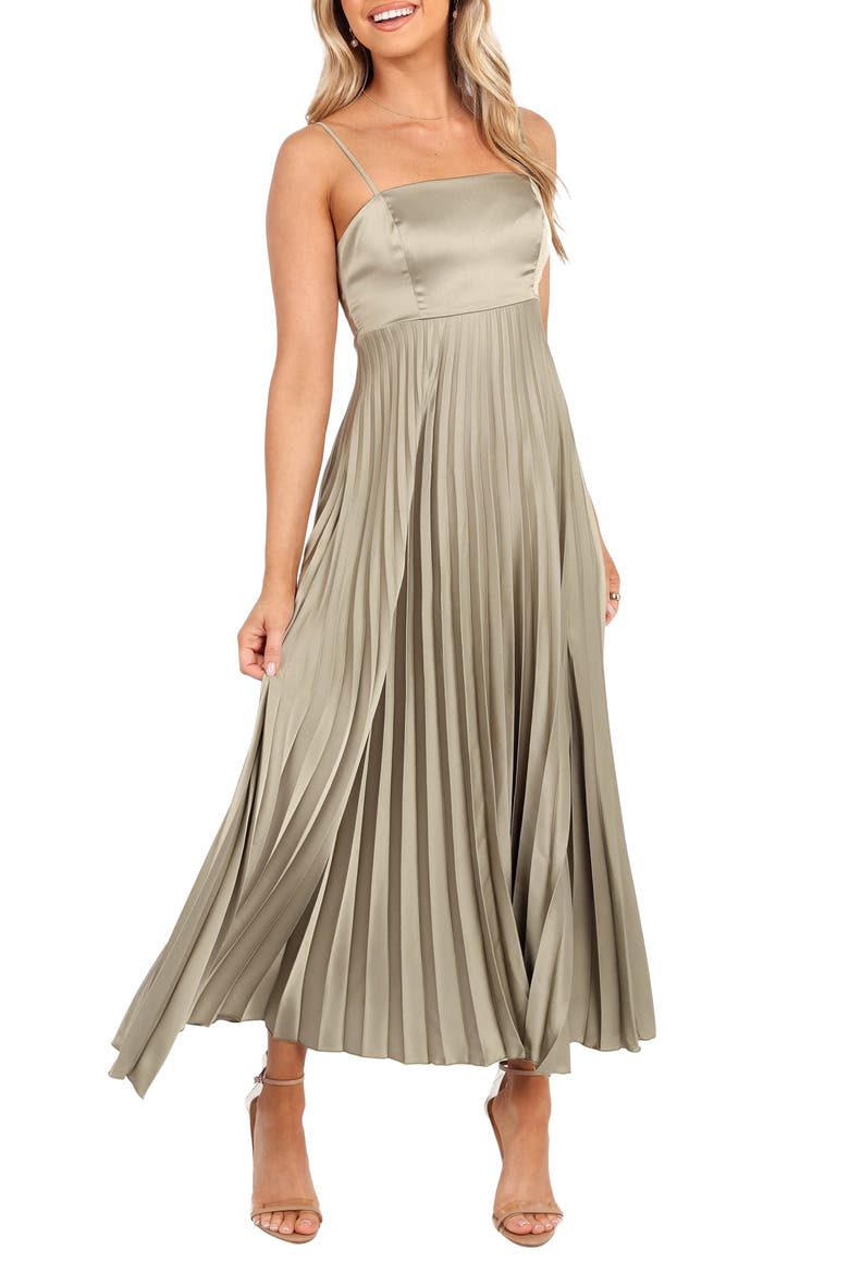 Keegan Pleated Satin Dress, Main, color, OLIVE