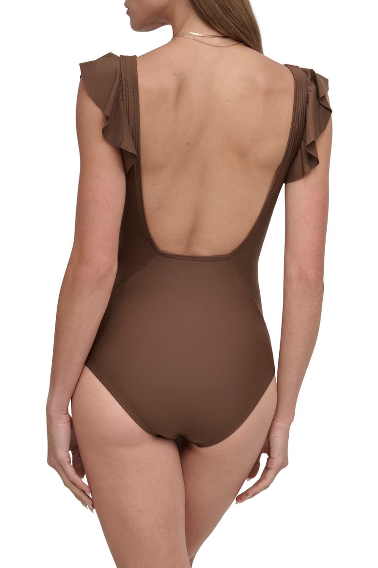 Plunge Neck Ruffle One-Piece Bikini, Alternate, color, MOCHA
