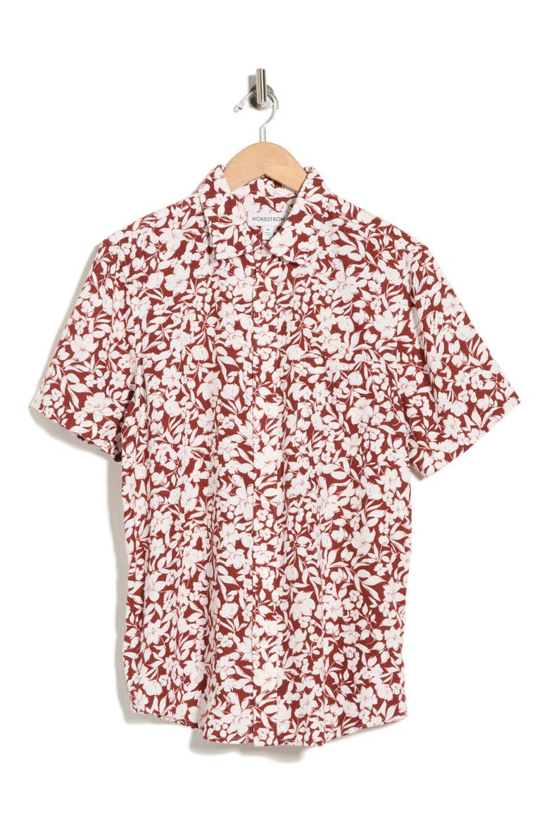 Short Sleeve Linen Blend Button-Up Shirt, Alternate, color, BURGUNDY LINEWORK FLORAL