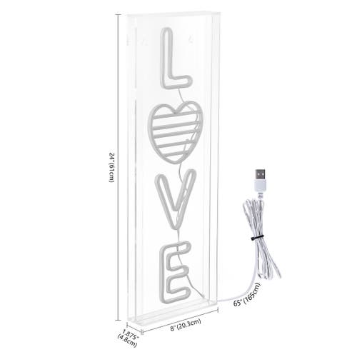 Jonathan Y Love 8" X 24" Contemporary Glam Acrylic Box Usb Operated Led Neon Light, White/rainbow In White/rainbow