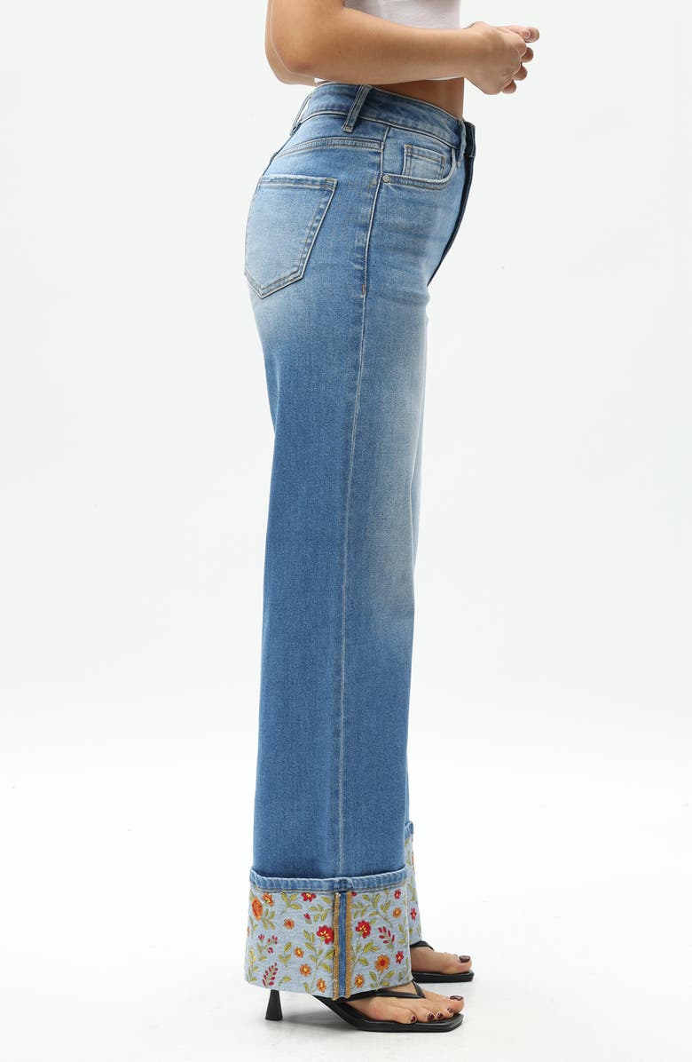 Bayeas Floral Embroidered High Waist Cuffed Wide Leg Jeans, Alternate, color, 