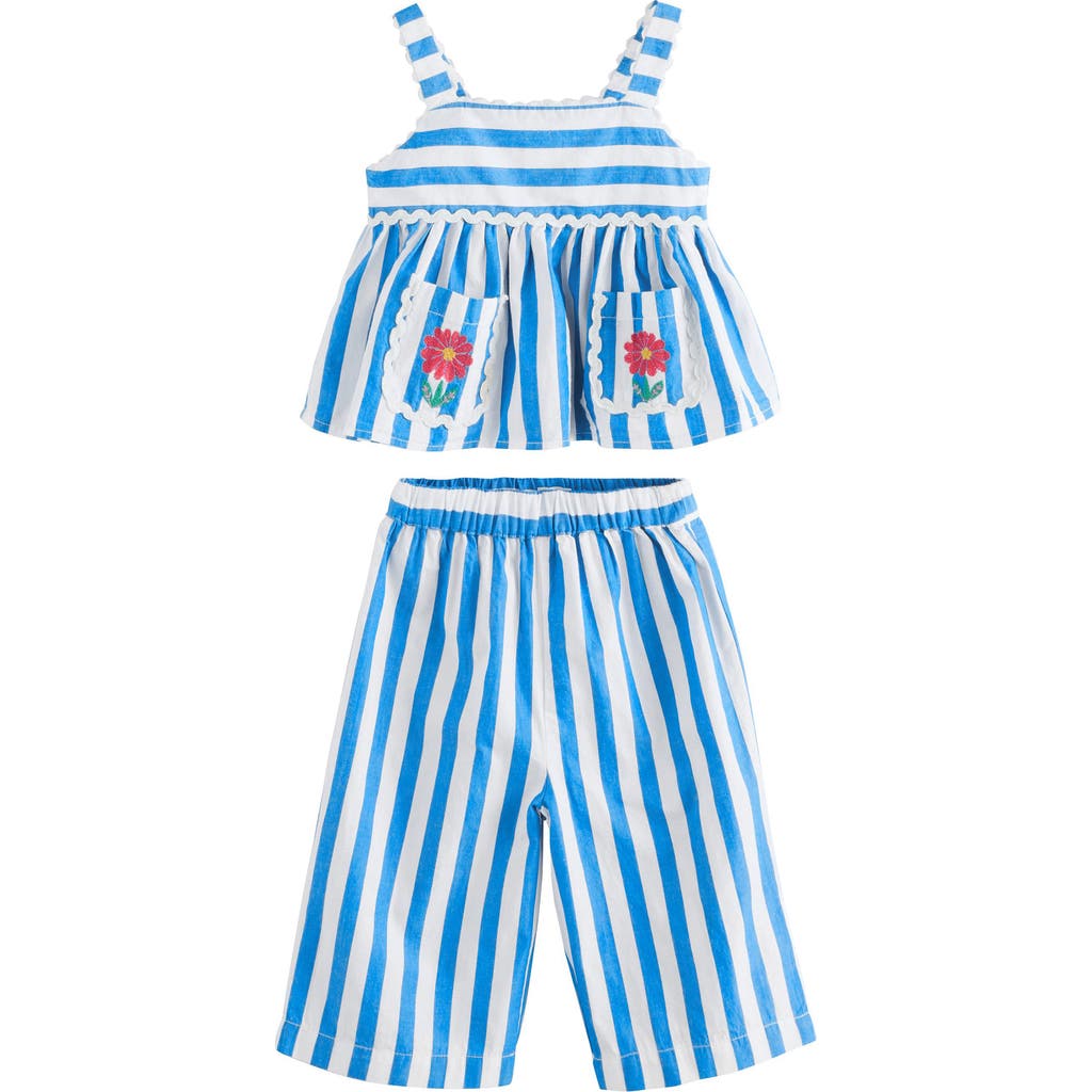 Next Kids' Embroidered Stripe Peplum Top & Wide Leg Pants Set In Blue