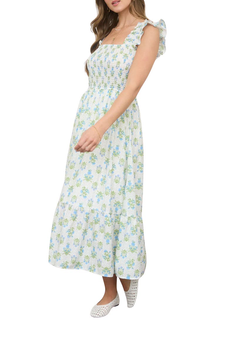 Floral Tile Smocked Midi Dress, Alternate, color, BLUE MULTI
