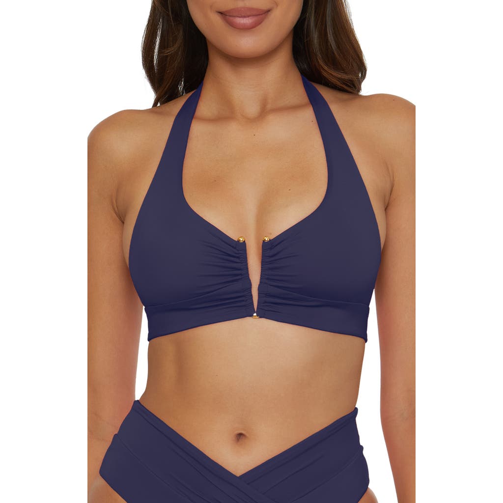Becca Shirred V-wire Halter Bikini Top In Deep Blue