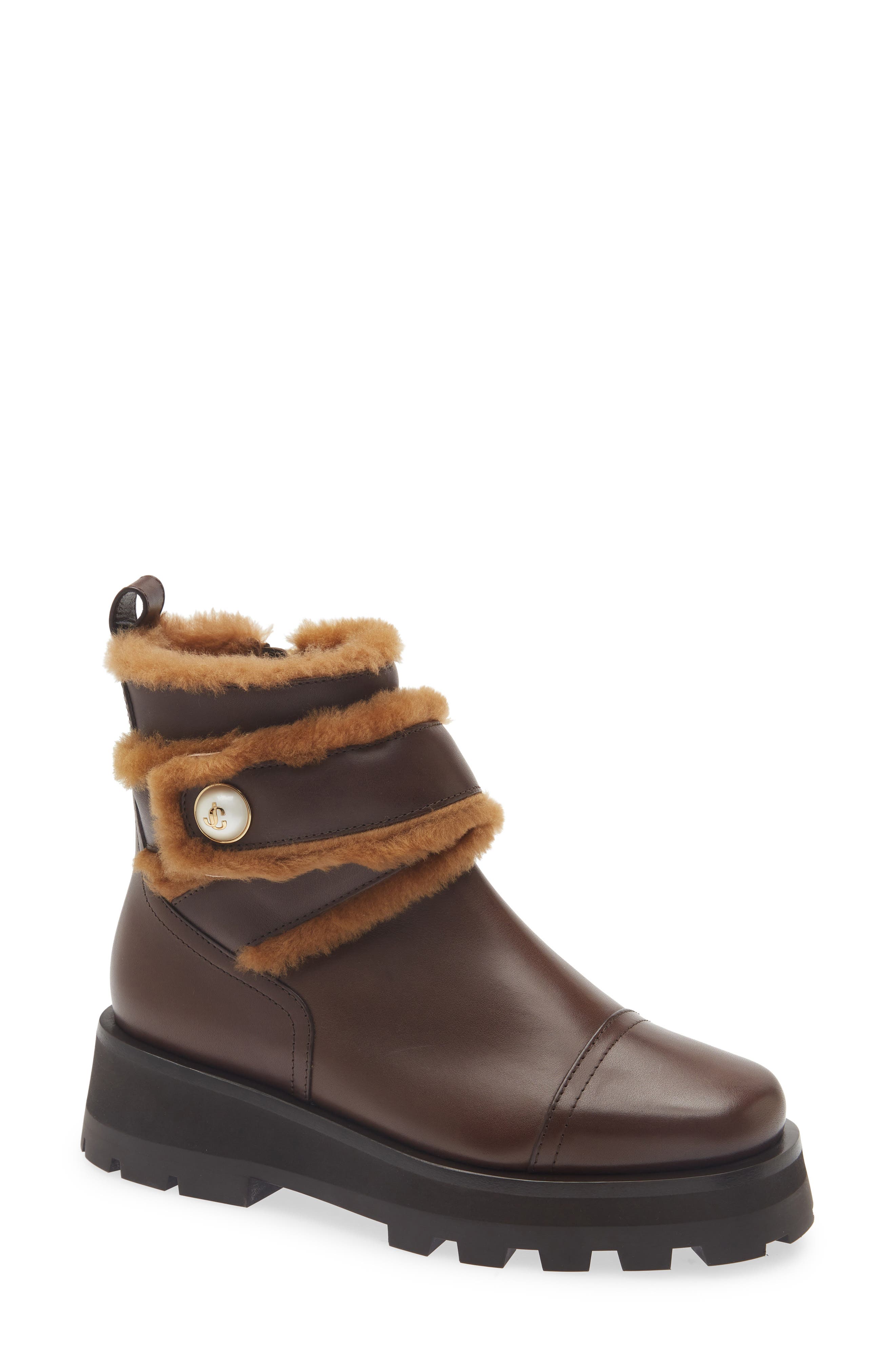 Meena Suede & Genuine Shearling Bootie, Main, color, CHOCOLATE/ TEDDY