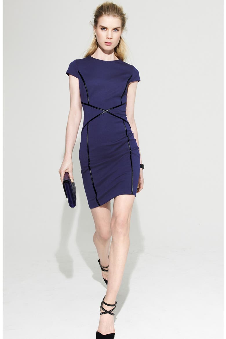 Cap Sleeve Faux Leather Trim Ponte Sheath Dress, Alternate, color, DEEP INDIGO