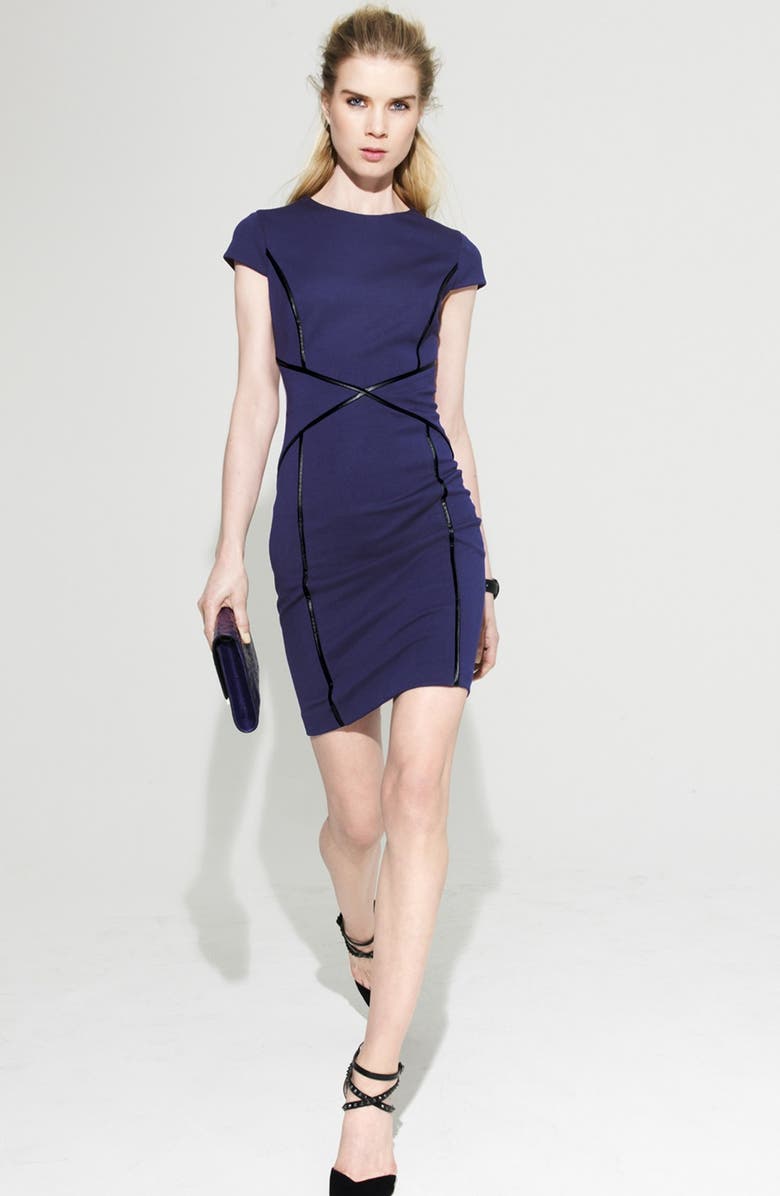 Cynthia Steffe Cap Sleeve Faux Leather Trim Ponte Sheath Dress, Alternate, color, 