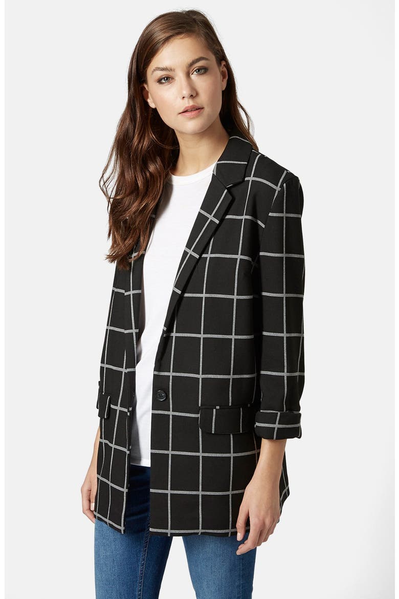 Windowpane Boyfriend Blazer, Main, color, BLACK