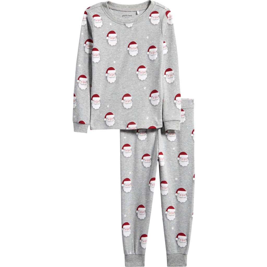 Petit Lem Santa Print Fitted Two-Piece Organic Cotton Pajamas in Medium Heather Grey