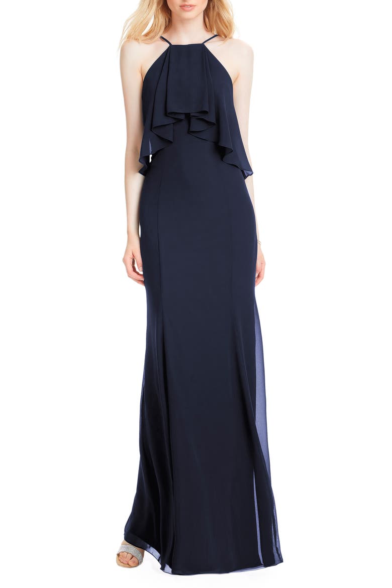 Flutter Halter Chiffon A-Line Gown, Main, color, NAVY