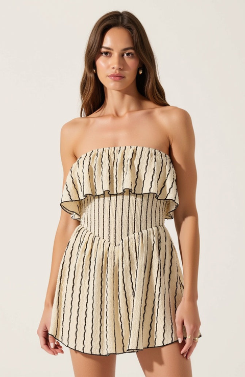 Textured Strapless Mini Dress with Ruffled Bodice and Fitted Waist