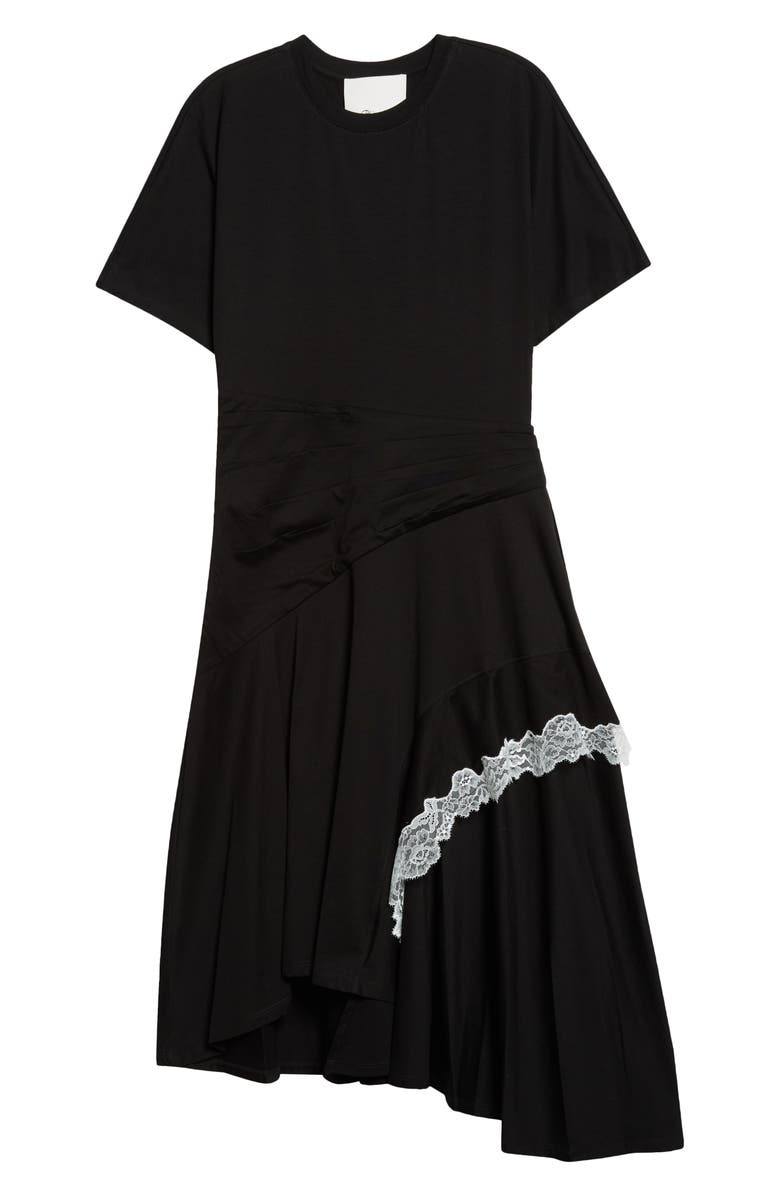 3.1 Phillip Lim Lace Detail Draped Asymmetric Hem Cotton T-Shirt Dress, Alternate, color, Black