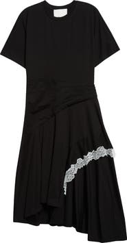 3.1 Phillip Lim Lace Detail Draped Asymmetric Hem Cotton T-Shirt Dress