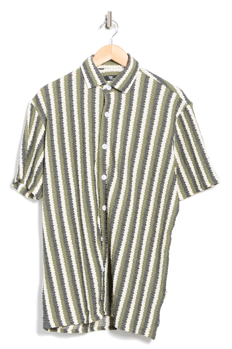 Stripe Knit Short Sleeve Button-Up Shirt, Alternate, color, GREEN
