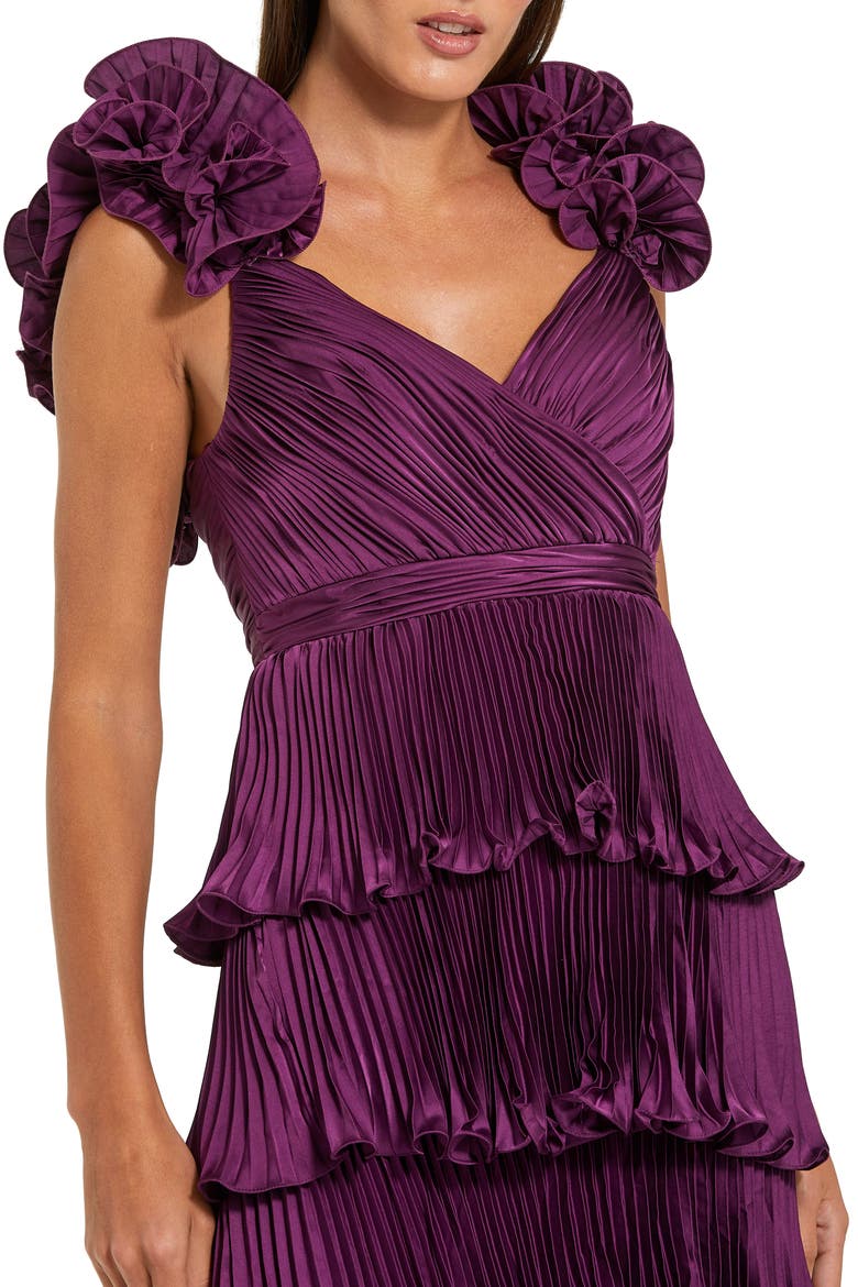 Pleated Charmeuse Tiered Gown With Ruffle Straps, Alternate, color, Aubergine