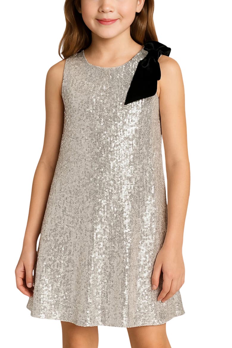 Kid's Bow Shoulder Sequin Trapeze Dress, Alternate, color, SILVR/IVRY