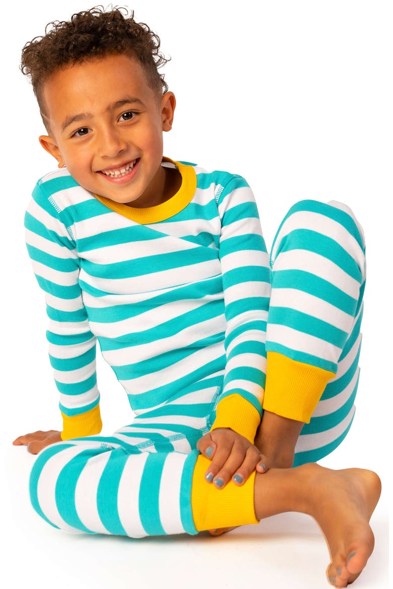 100% Organic Cotton Stripe Long Sleeve Snug Fit Kids Pajamas, Alternate, color, Teal Stripe