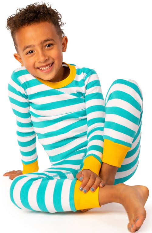 Shop Mightly 100% Organic Cotton Stripe Long Sleeve Snug Fit Kids Pajamas In Teal Stripe