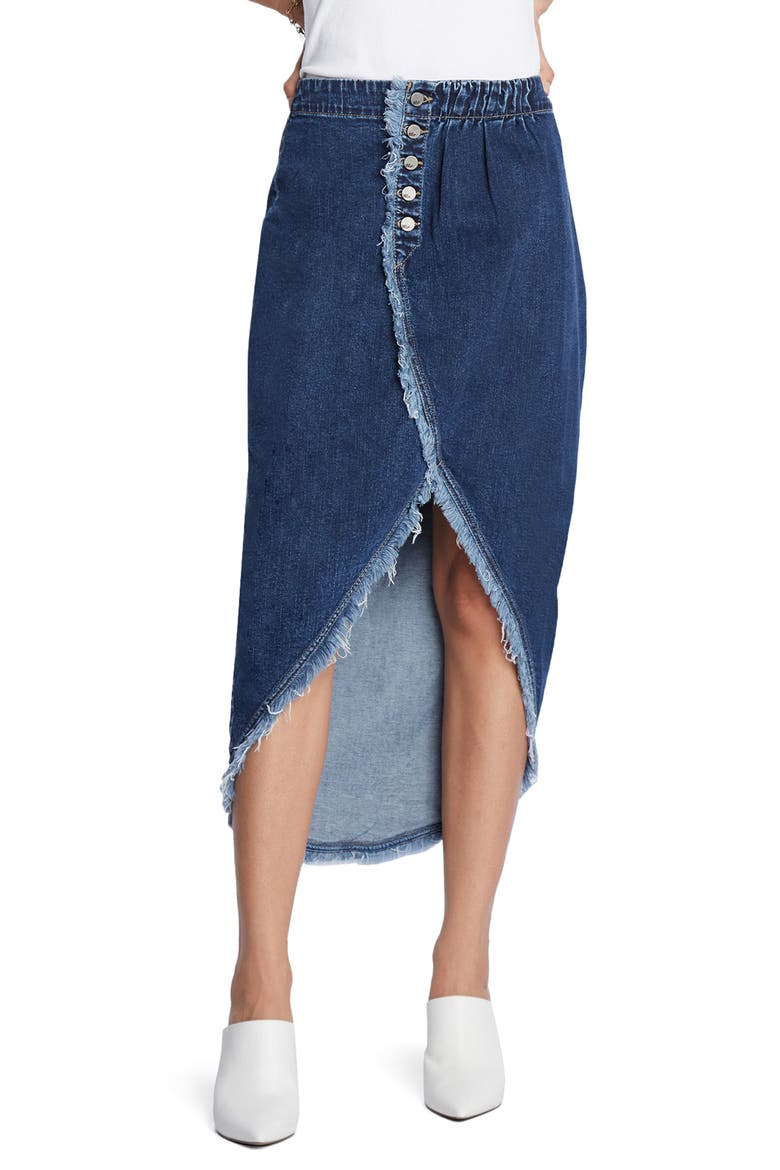 Button Front Denim Faux Wrap Skirt, Main, color, SHADY BLUE