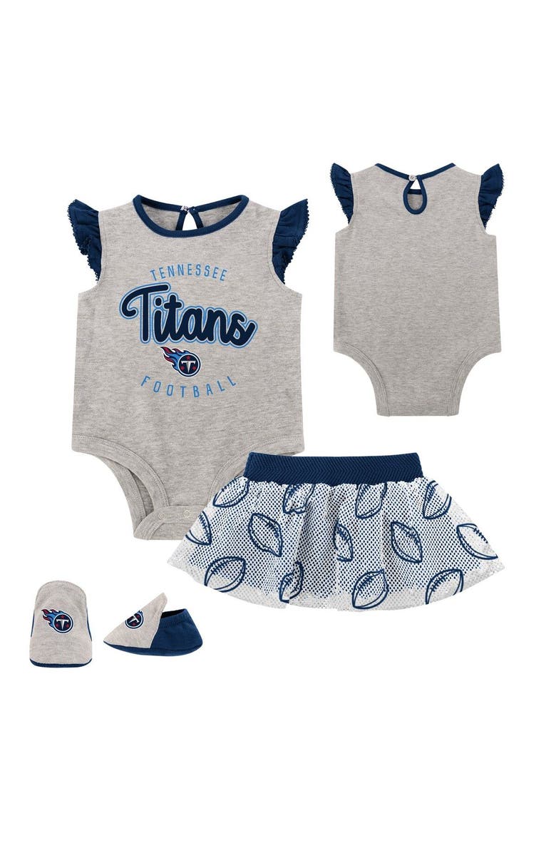 Outerstuff Newborn Heather Gray/Navy Tennessee Titans All Dolled Up Three-Piece Bodysuit, Skirt & Booties Set, Main, color, 