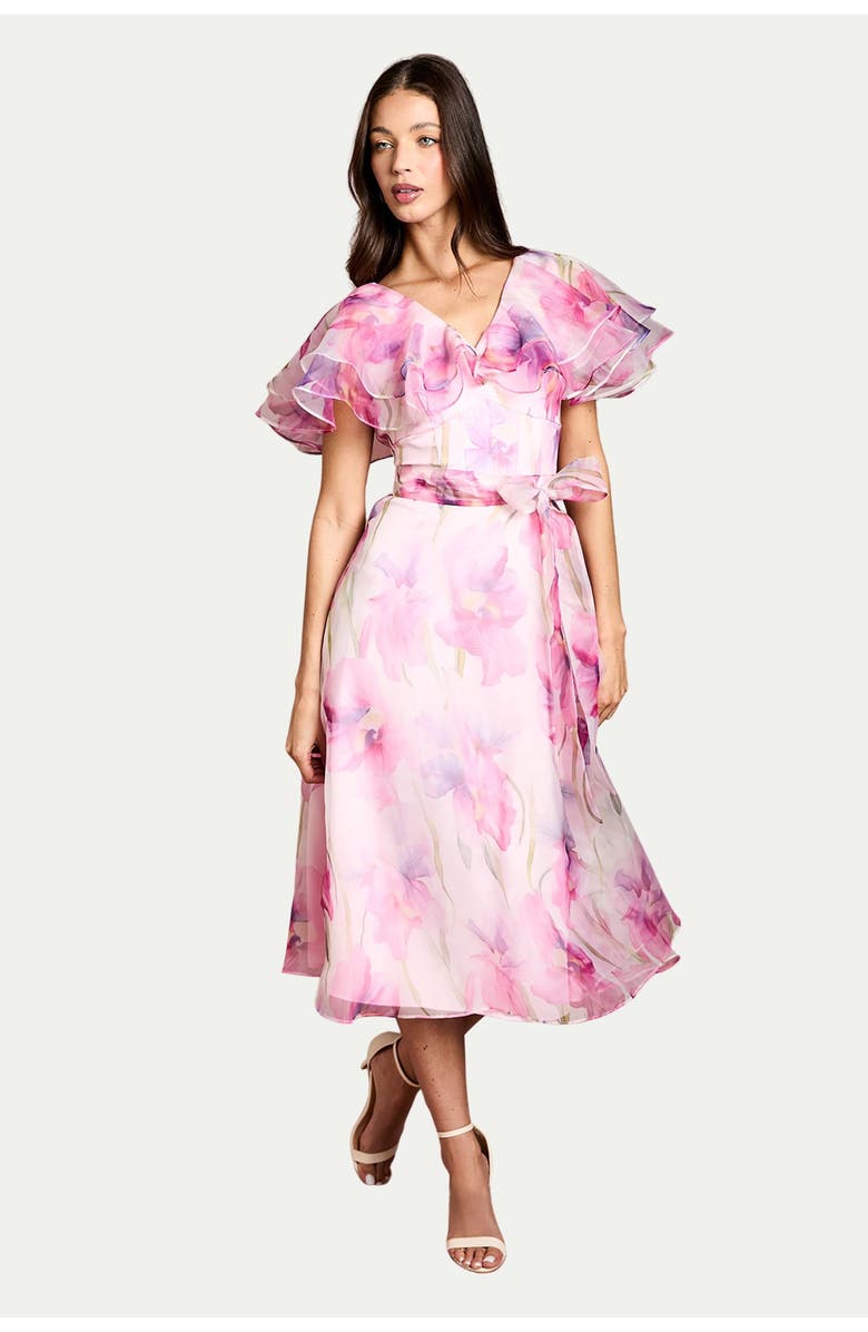 Coast Printed Organza Ruffle Sleeve Midi Dress, Main, color, Pink