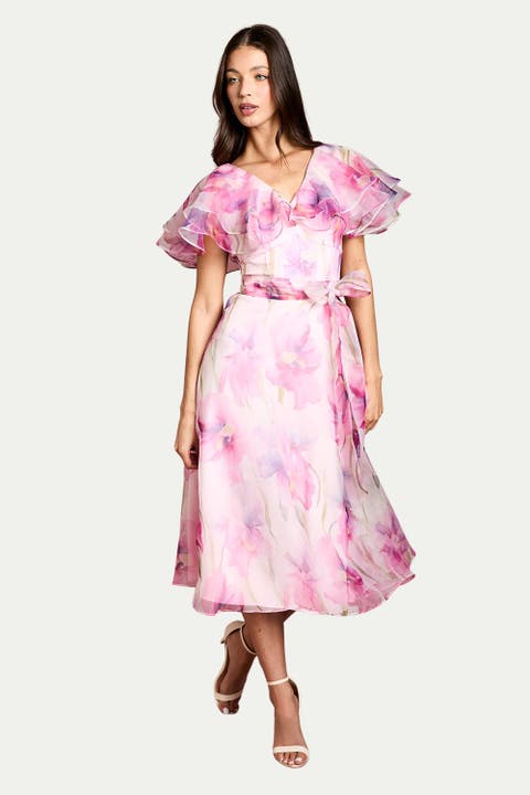 Printed Organza Ruffle Sleeve Midi Dress
