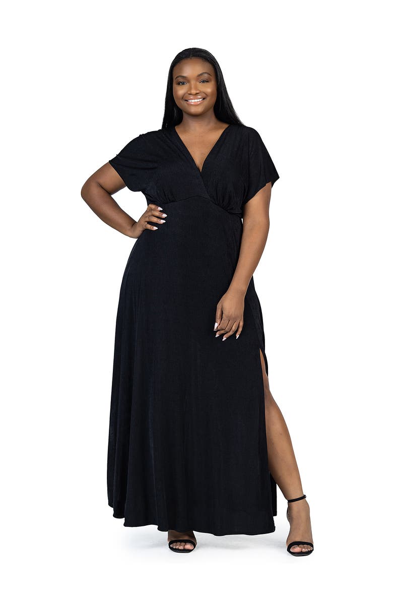24seven Comfort Apparel Plus Size  Flutter Sleeve Metallic Knit Maxi Dress Front Slit Empire Waist, Main, color, Black