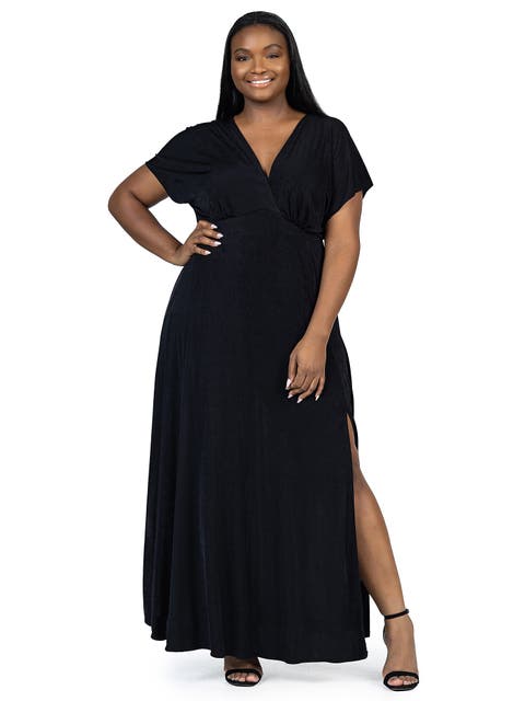 Plus Size  Flutter Sleeve Metallic Knit Maxi Dress Front Slit Empire Waist