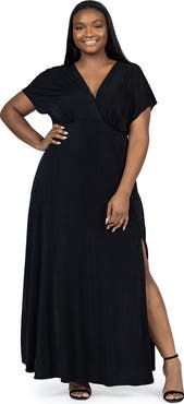 24seven Comfort Apparel Plus Size  Flutter Sleeve Metallic Knit Maxi Dress Front Slit Empire Waist