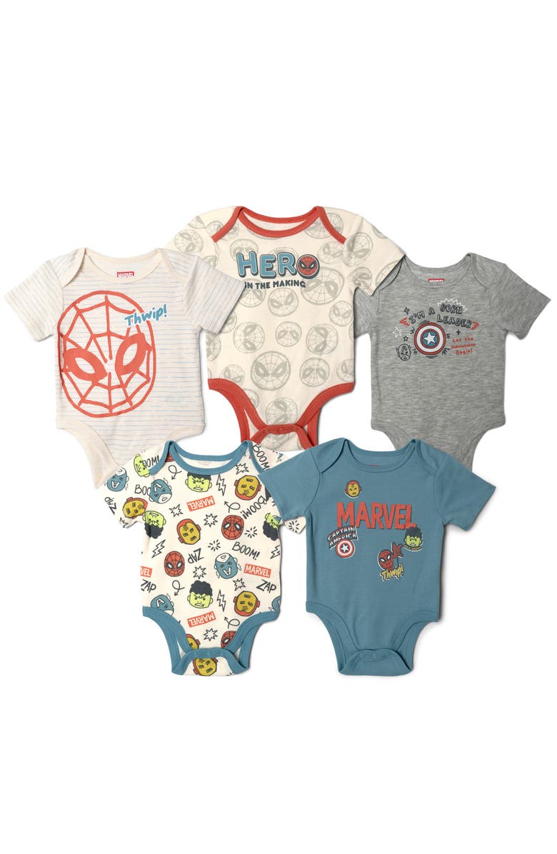 Marvel 5-Pack One Piece Bodysuits, Main, color, Avengers Blue Grey