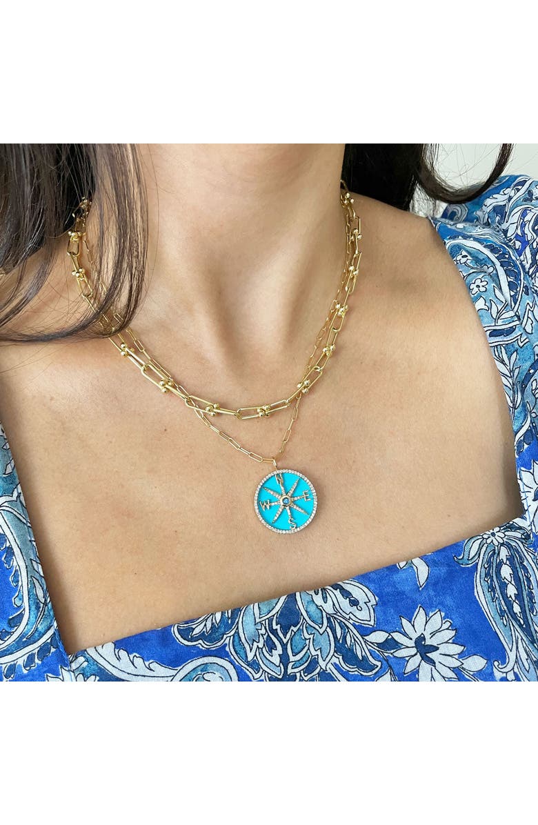 The Lovery Fine Jewelry Turquoise and Diamond Halo Compass Charm, Alternate, color, Turquoise