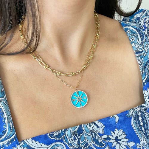 The Lovery Fine Jewelry Turquoise And Diamond Halo Compass Charm In Gold