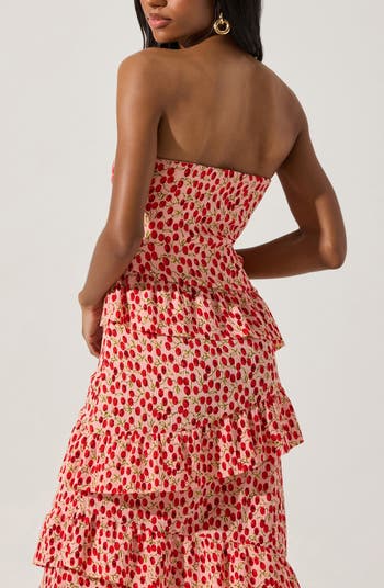 Plissé Asymmetric Tiered Ruffle Strapless Midi Dress