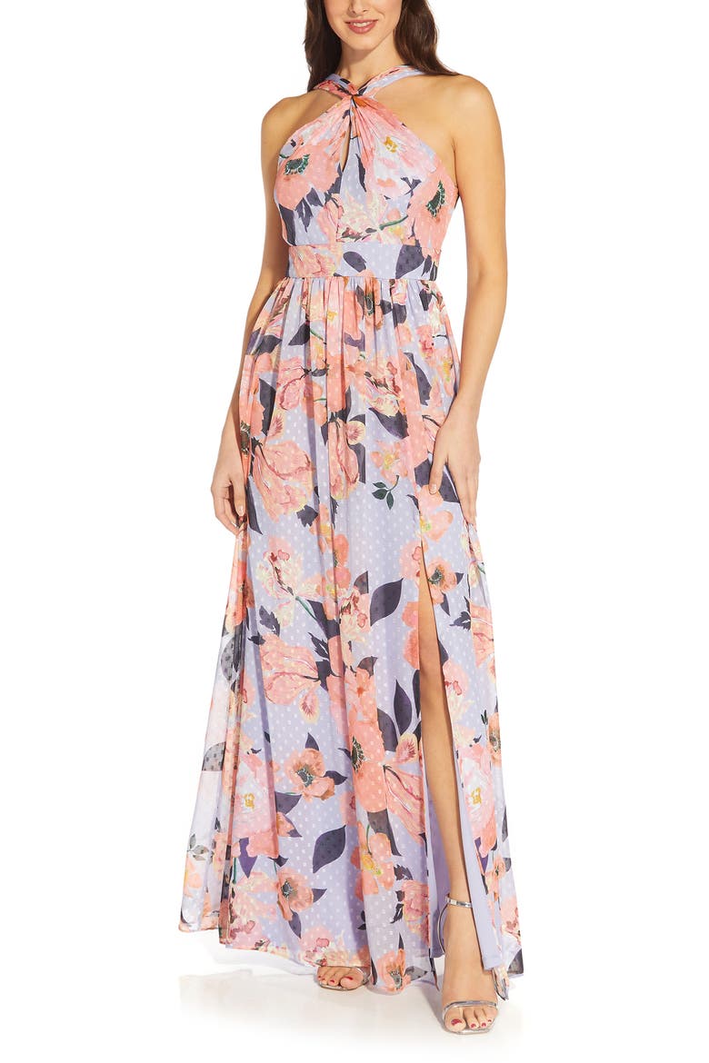 Floral Print Halter Chiffon Gown, Alternate, color, OPAL/ CORAL MULTI