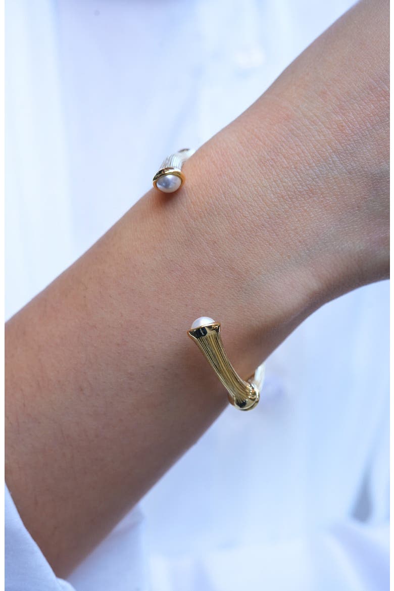 Faux Pearl Bamboo Cuff Bracelet, Alternate, color, GOLD