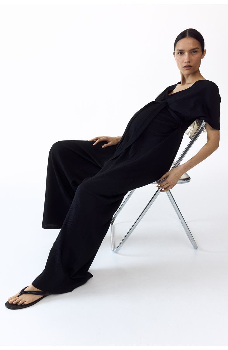 H&M Mama Short-sleeved Tie-belt Jumpsuit, Alternate, color, Black