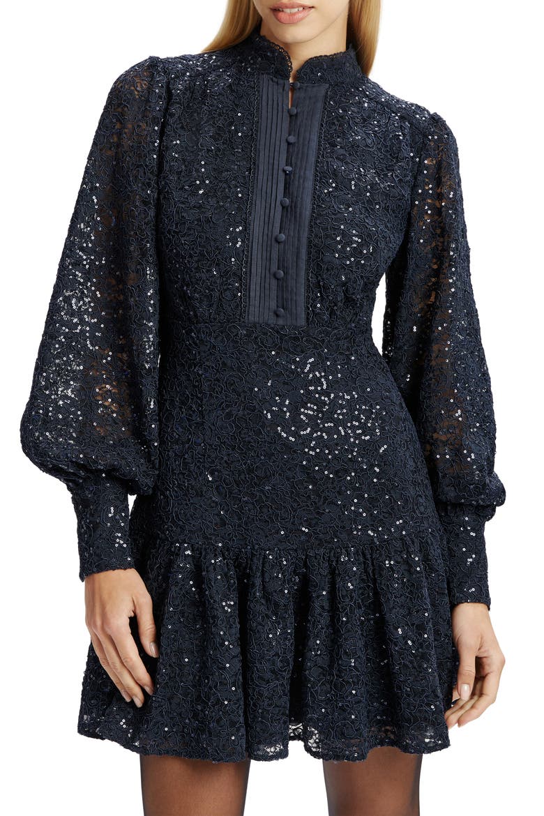 Remy Long Sleeve Lace & Sequin Minidress, Alternate, color, NAVY