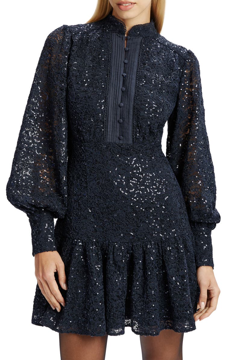 Bardot Remy Long Sleeve Lace & Sequin Minidress, Alternate, color, Navy