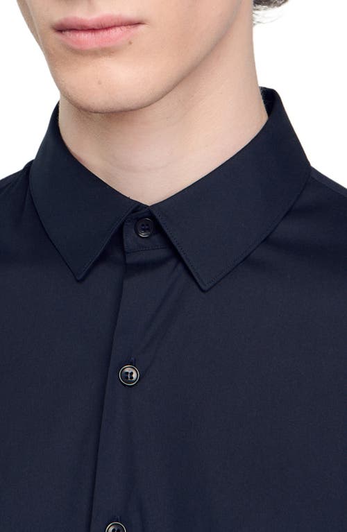 Sandro Seamless Stretch Button Up Shirt In Navy Blue