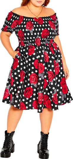 City Chic Rose Spot Off the Shoulder Fit & Flare Dress | Nordstrom