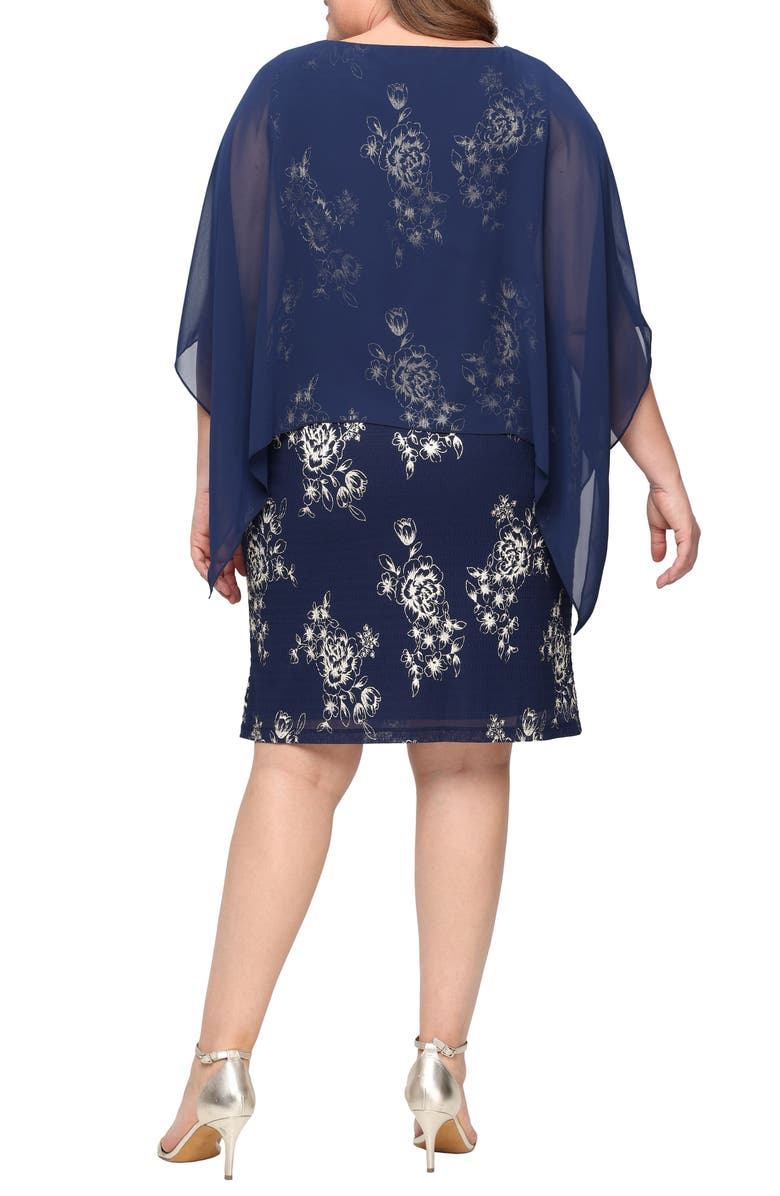 SL FASHIONS Metallic Floral Cocktal Dress with Chiffon Overlay, Alternate, color, Navy Gold