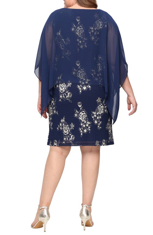 Sl Fashions Metallic Floral Cocktal Dress With Chiffon Overlay