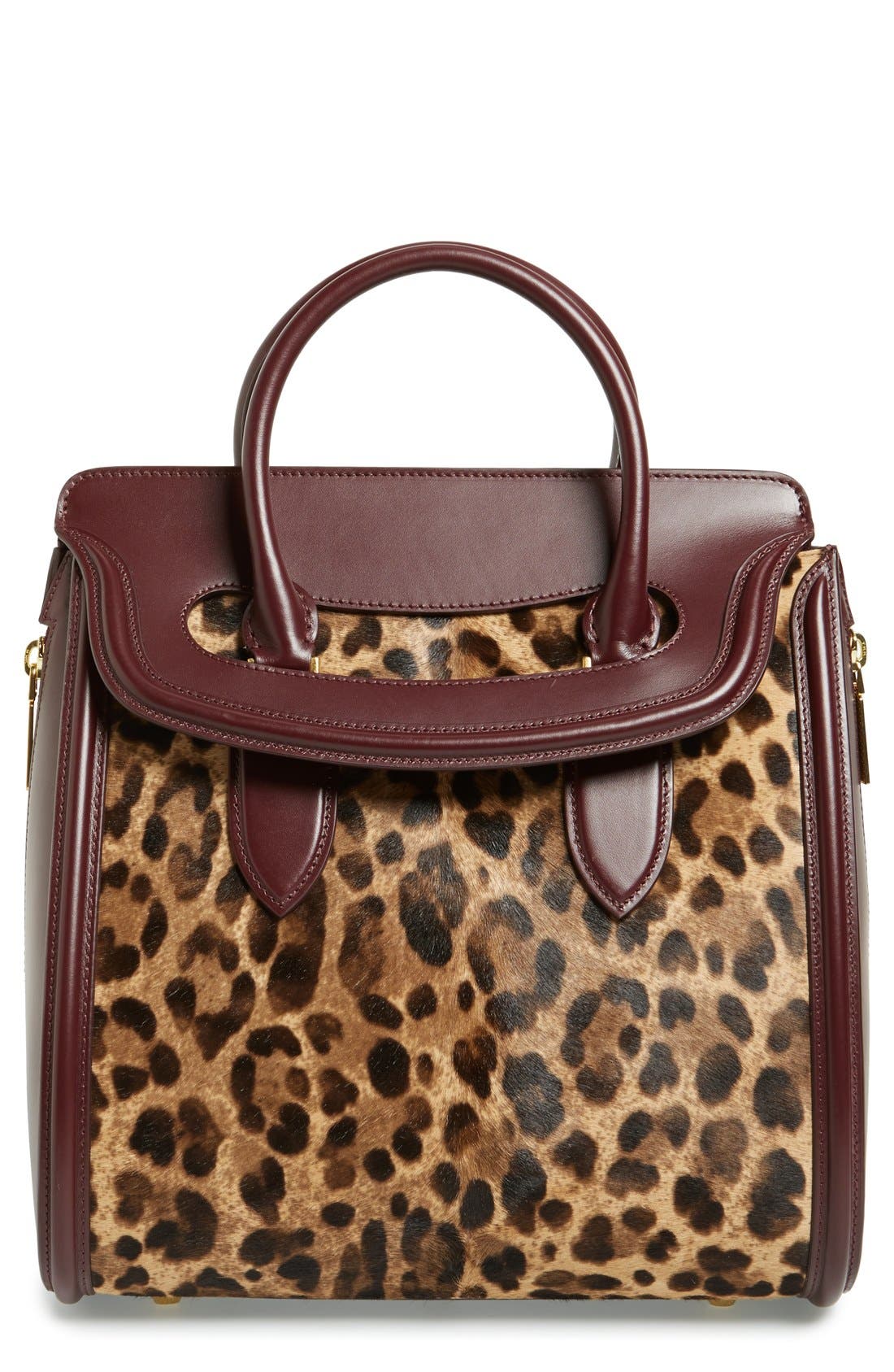 Alexander McQueen 'Heroine' Calf Hair Satchel, Main, color, NATURAL/ BLACK/ BORDEAUX